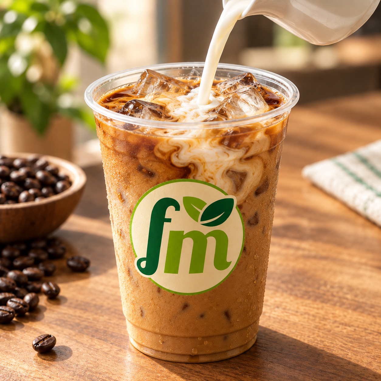 A clear cup of iced coffee with milk being poured over the ice